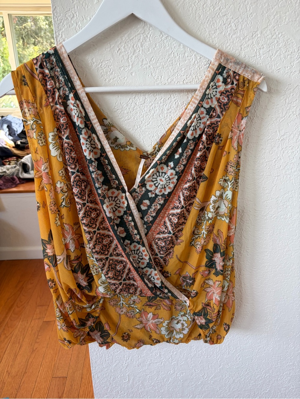 Free People Mustard Yellow Floral Wrap-Front Blouse